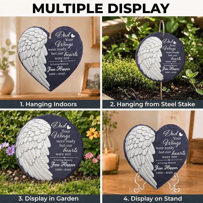 Custom Memorial Garden Stone for Loss of Loved One, Angel Wing Garden Stones in Memory of Dad Mom, Sympathy Gift Fathers Day, Weatherproof Outdoor Memorial Plaque Stones, Remembrance Natural Stone