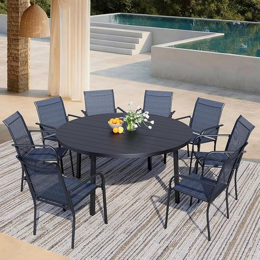9 Pieces Patio Dining Set for 8, Dark Blue Patio Stackable Chairs and Black Round Table Set of 8, Outdoor Furniture Set with Sling Support for Outside, Garden
