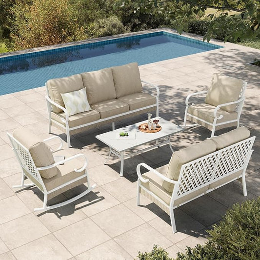 HERA'S HOUSE 5 Piece Metal Patio Furniture Set, 7 Seats All Weather Outdoor Conversation Set, 3 Seat Sofa with Loveseat, 2 Rocking Chairs, Coffee Table for Backyard, Garden, Deck, White/Beige