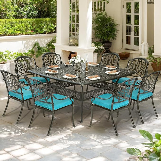 9-Piece Patio Cast Aluminum Dining Set, Outdoor Dining Furniture Set for 8 Person, Includes 64" Square Table and 8 Cushioned Chairs with Umbrella Hole for Patio Deck Garden, Ocean Blue
