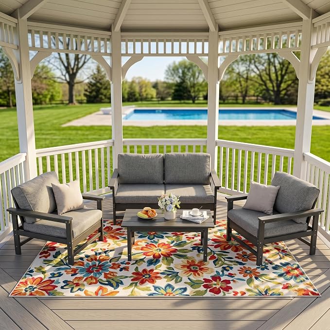 4-Piece Outdoor Patio Furniture Set, Modular HDPE Conversation Set with Loveseat, 2 Armchairs & Large Coffee Table, Waterproof & UV-Resistant Outdoor Sofa with Cushions for Garden