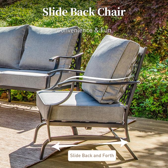 SUNSHINE VALLEY 7 Piece Metal Outdoor Patio Furniture Sets, Patio Conversation Sets 1 3-seater Sofa, 2 Fixed Chair, 2 Rocking Chair, 2 Ottomans with 5.75" Thick Cushion, Black Backyard Furniture, Gray