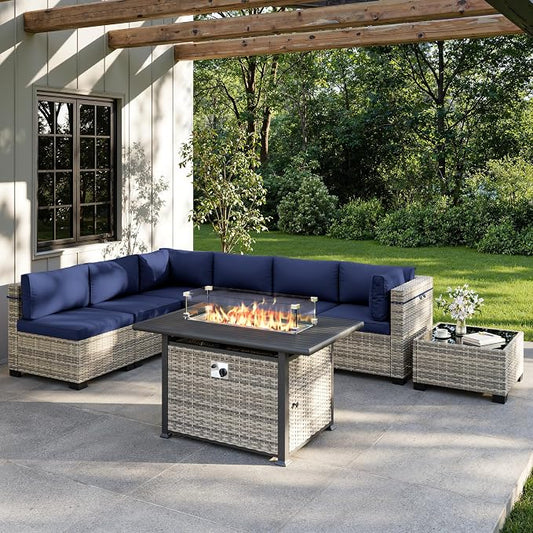 8-Piece Outdoor Patio Furniture Set with 55,000 BTU Fire Pit Table, PE Wicker Rattan Sectional Sofa Conversation Set - All-Weather Garden, Backyard Furniture, Navy Blue