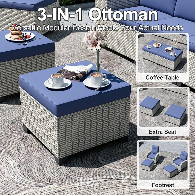 11-Piece Outdoor Patio Furniture Set, Modular Sectional Sofa Set with Swivel Rocker Chairs & Ottomans, Wicker Outdoor Couch Conversation Sets w/Coffee Table and Cushions, Blue