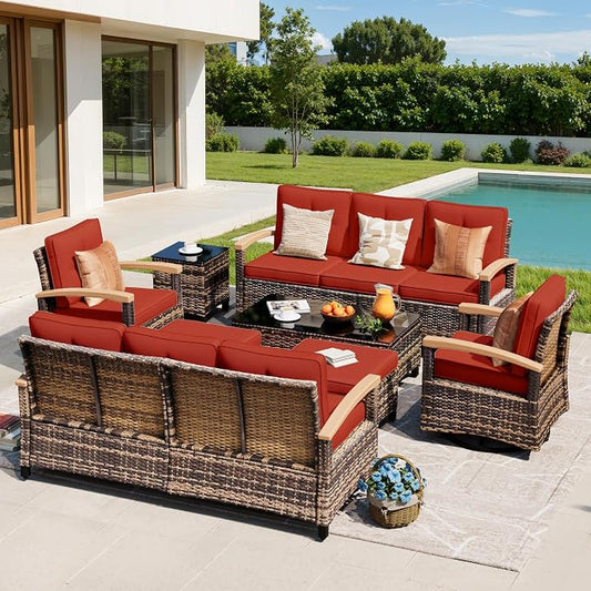 MEISSALIVVE 8 Pieces Patio Furniture Sets,Wicker Patio Conversation Sets with 2 Wood Armrests Swivel Glide Chairs, Outdoor Conversation Set for Deck Yard and Poolside (Red)