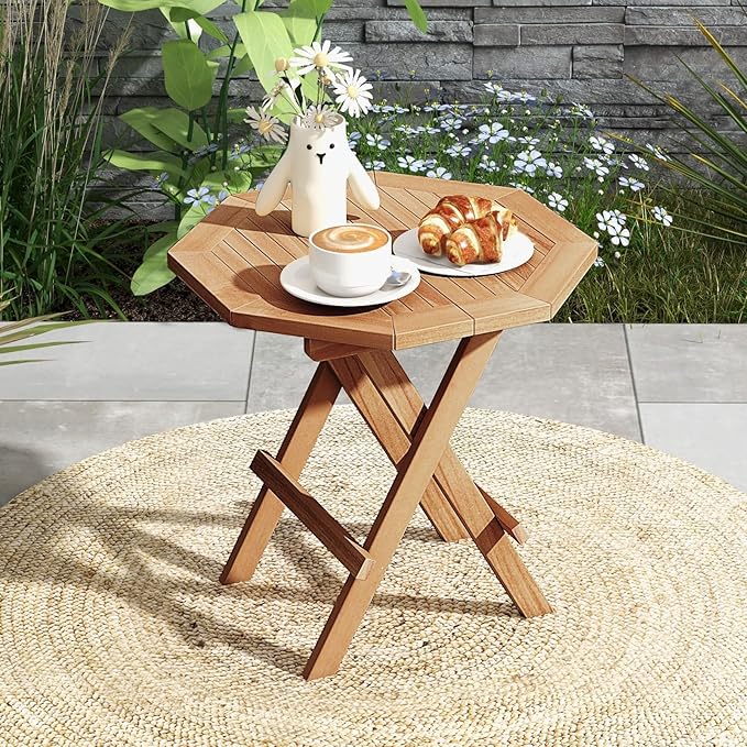 Tangkula Patio Folding Side Table, Teak Wood Octagon Coffee Table w/X-Shaped Legs & Slatted Tabletop, Portable & Compact Outdoor End Table for Backyard, Deck, Lawn