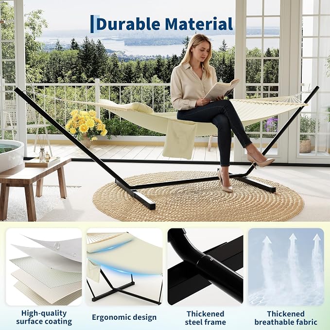 2-Person Hammock with Stand for Outside - Portable Heavy Duty Outdoor Double Hammock - Adjustable Steel Frame, 500 LBS Capacity, for Patio Garden Backyard & Beach