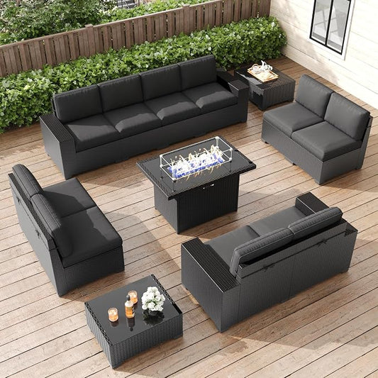 LayinSun 13 Pieces Patio Furniture Set with Fire Pit Table, Black Rattan Modular Sectional Patio Conversation Sofa Set