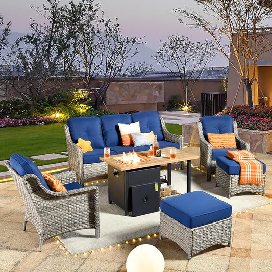 HOOOWOOO 6 Piece Patio Furniture Sets with Fire Pit Table,Outdoor Wicker Furniture Set,All Weather Resistant Outside High Back Rattan Conversation Set for Out Door(Navy Blue)