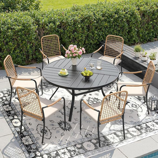 DIFY 7 Pieces Outdoor Dining Set, Metal Patio Table and Chairs Set for 6, 47.2" Round Dining Table with Umbrella Hole & Wicker Stackable Patio Chairs with Cushions, Black Tabletop