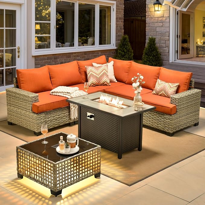 HOOOWOOO Sectional Patio Furniture Set with Fire Pit Table,7 Pieces Wicker Outdoor Furniture L Shaped Couch,Outside Conversation Set with Extra Deep Seat Sofa Wide Arm Solar Light Table,Brick Red