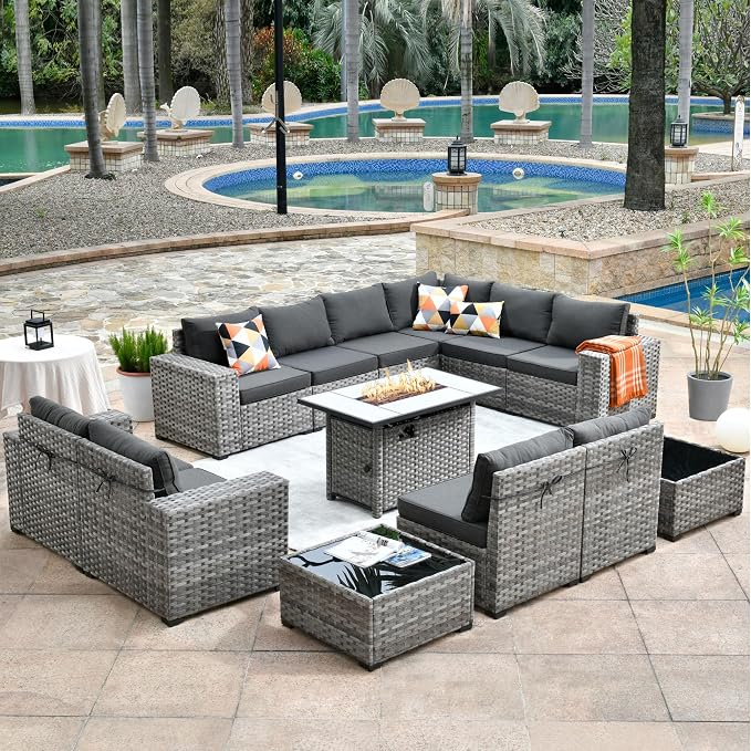 HOOOWOOO Outdoor Patio Sectional Furniture Sofa Set with Propane Fire Pit Table,13 Piece Large Modern Wicker Couch with Widened Armrest,Modular L Shaped Conversation Seating Set(Black)