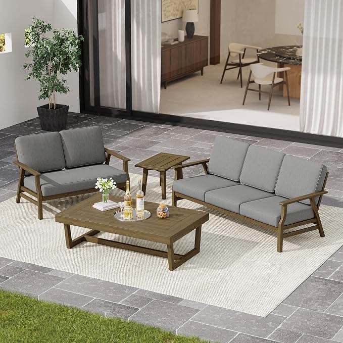 3 Pieces Patio Furniture Sets, Teak Wood Outdoor Sectional Furniture with Coffee Table, 5 Seats Patio Sofa Couch Conversation Set for Backyard Deck - Gray