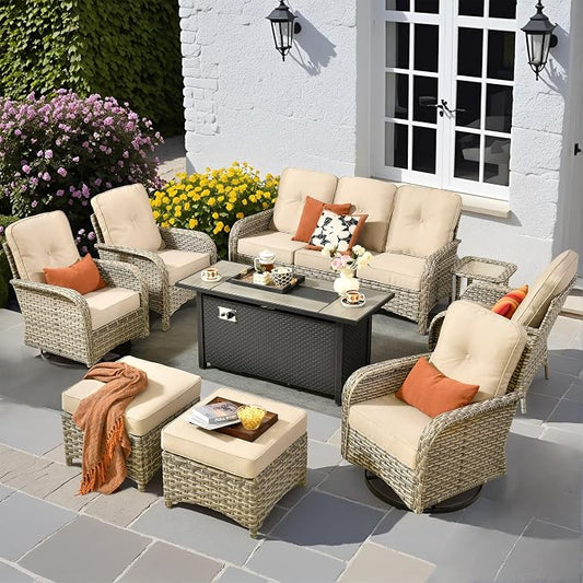 9 PCS Outdoor Patio Furniture Set with Fire Pit Table and Swivel Rocking Chairs,All Weather Wicker Rattan Patio Seating Sofa and Chair Set with Ottomans,Outdoor Conversation for Porch Deck Yard,Beige