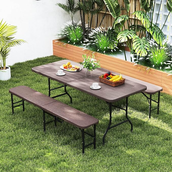 Goplus 6 FT 3-Piece Portable Picnic Table Bench Set, HDPE Wood-Like Plastic Folding Picnic Tables with Benches, Foldable Patio Camping Beer Table, Indoor & Outdoor Folding Table and Chairs