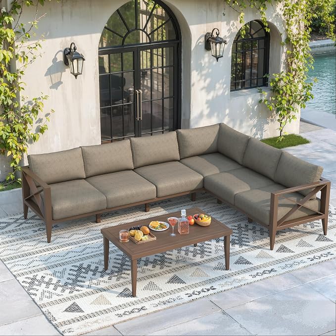 Aluminum Outdoor Patio Furniture Set with 5.2" Thick Cushions, 7-Piece Outdoor Sectional with Coffee Table, Patio Conversation Sets for Backyard,(Brown,6 Seats)
