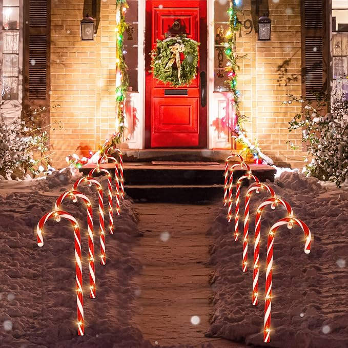 Joiedomi 12 Pcs Christmas Candy Cane Pathway Markers Lights, 12” Stakes Lights with Warm White, Waterproof Outdoor Decorations for Holiday Xmas Indoor,Yard,Patio,Garden,Walkway