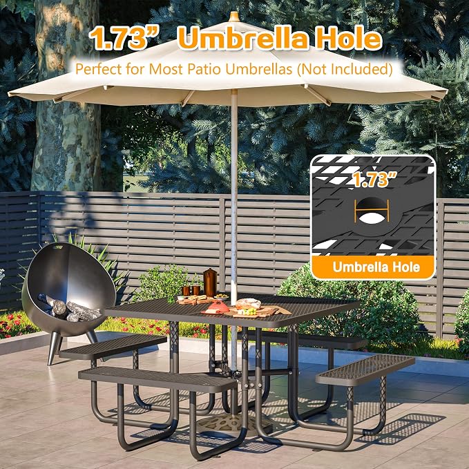 Square Outdoor Metal Coffee Picnic Table for Patio, Backyard, Garden and DIY (Includes 4 Built-in Benches) - Black