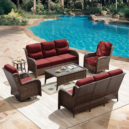 HILLGA Luxury Outdoor Patio Furniture Set with 6-Inch Thick Cushions,High Back Wicker Swivel Rocker Chairs, 6Pcs All Weather Sofa Set for Large Deck, Yard and Poolside, Burgundy (V3)