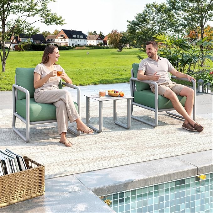 3-Piece Outdoor Aluminum Patio Sofa Set with Coffee Table, Deep Seating Conversation Set with 6.5" Cushions, Modern All-Weather Furniture for Garden, Balcony, Poolside, White