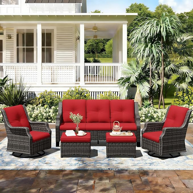 Outdoor Patio Furniture Set, 5 Piece Wicker Patio Furniture with Thick Cushions, Curved Armrest, Deep Seating, Outdoor Swivel Rocker Chairs for Porch, Deck, Balcony