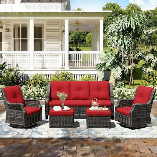 Outdoor Patio Furniture Set, 5 Piece Wicker Patio Furniture with Thick Cushions, Curved Armrest, Deep Seating, Outdoor Swivel Rocker Chairs for Porch, Deck, Balcony