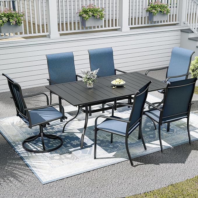 7pcs Patio Furniture Set, Outdoor Dining Table and Chairs Set | 63" Rectangle Metal Patio Table, 4pcs Textilene Dining Chairs, 2pcs Swivel Textilene Chairs, Double-sized Umbrella Hole