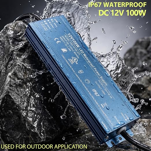 12V 100W UL Listed LED Power Supply with 3.28ft US Standard Plug Wire | Waterproof IP67 Low Voltage Transformer 100V-130V AC to 12V DC Converter for DC12V LED Lighting Products