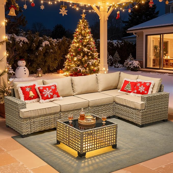 HOOOWOOO Sectional Patio Furniture Set with Solar Light Table,6 Pieces Wicker Outdoor Furniture L Shaped Couch,Outside Conversation Set with Extra Deep Seat Sofa Wide Arm,Beige