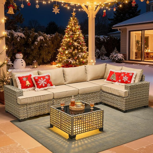 HOOOWOOO Sectional Patio Furniture Set with Solar Light Table,6 Pieces Wicker Outdoor Furniture L Shaped Couch,Outside Conversation Set with Extra Deep Seat Sofa Wide Arm,Beige