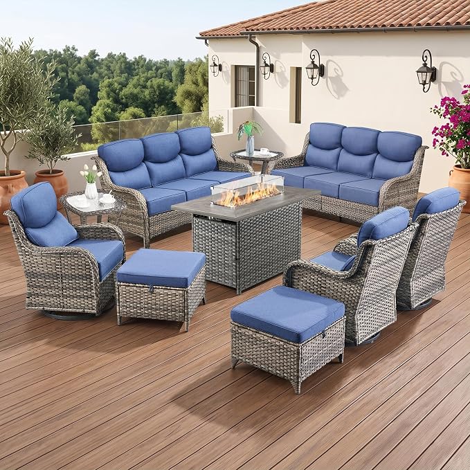 Luxury 6" Thick Cushion 9 Pieces Wicker Patio Furniture Set with 41”Fire Table, Outdoor Conversation Set with Patio Couch and Swivel Rocker Chairs for Deck Porch Yard and Poolside