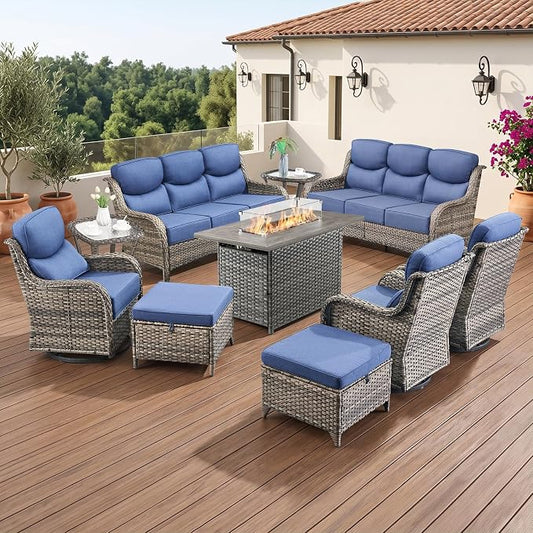 Luxury 6" Thick Cushion 9 Pieces Wicker Patio Furniture Set with 41”Fire Table, Outdoor Conversation Set with Patio Couch and Swivel Rocker Chairs for Deck Porch Yard and Poolside