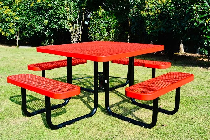 Heavy Duty 46" Steel Square Picnic Table,Expanded, Metal Outdoor Table (Red)