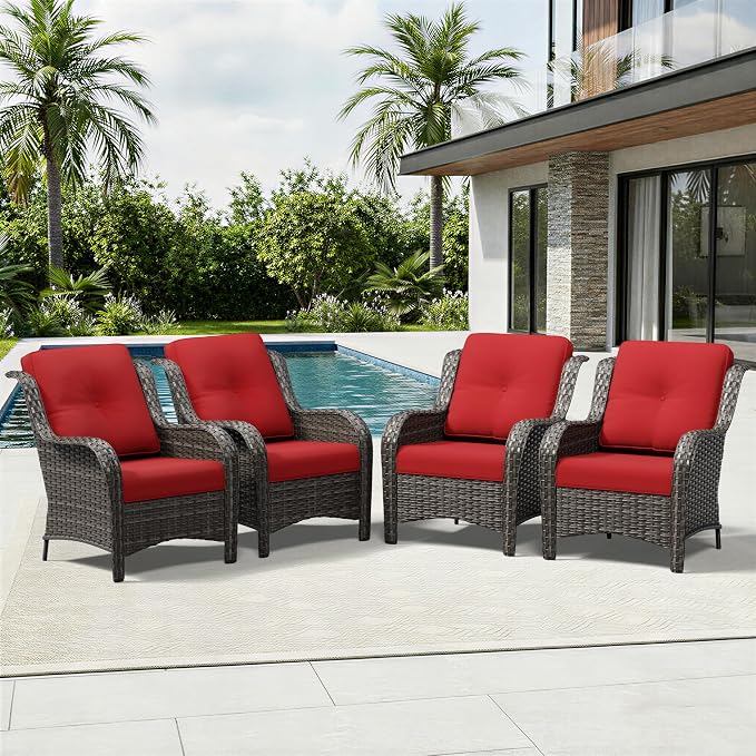 Joyside 4 Piece Wicker Patio Furniture Set, Rattan Patio Chairs with High Back, Deep Seating, Wide Armrest, Thickened Cushions, Outdoor Furniture for Deck, Porch Use