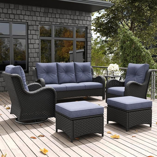 LayinSun 6 Pieces Outdoor Patio Furniture Set, Rattan Wicker Sectional Swivel Rocker Chairs Sets with Ottomans, Swivel Glider Chairs, and Coffee Table