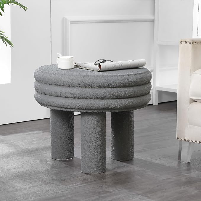 JONATHAN Y Rashida 18" Modern Round Polyresin Indoor Outdoor Accent Coffee Table, Weather Resistant Low Table with Chunky Ribbed Stacked Ring Design and Tripod Pillar Base, Gray Frosted TBL1106A
