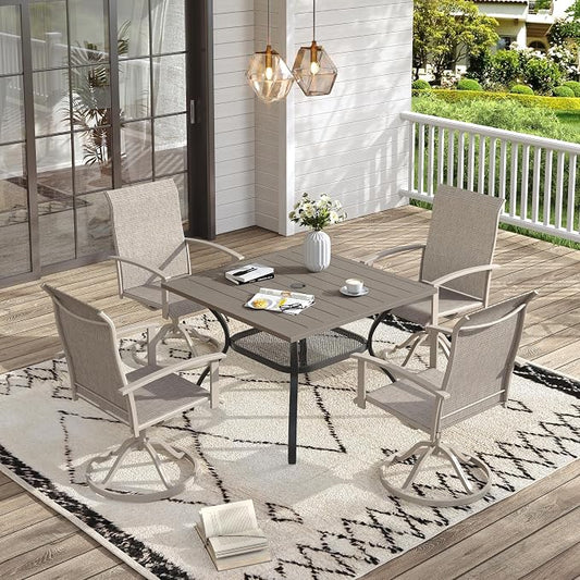 VICLLAX 5 Pieces Patio Dining Set, Outdoor Dining Set for 4-37.7" Outdoor Table and Swivel Patio Chair Set for Deck, Lawn and Garden, Gray Wood Grain Table and Sanshell Color Chairs