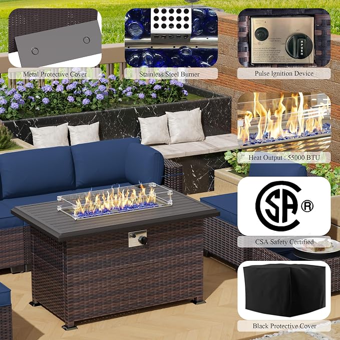 13 Pieces Outdoor Patio Furniture Set,Outdoor Sectional Furniture with 43" 55000 BTU Gas Propane Fire Pit Table,PE Rattan Wicker Patio Conversation Set with 10 Thickened Cushions,Navy Blue