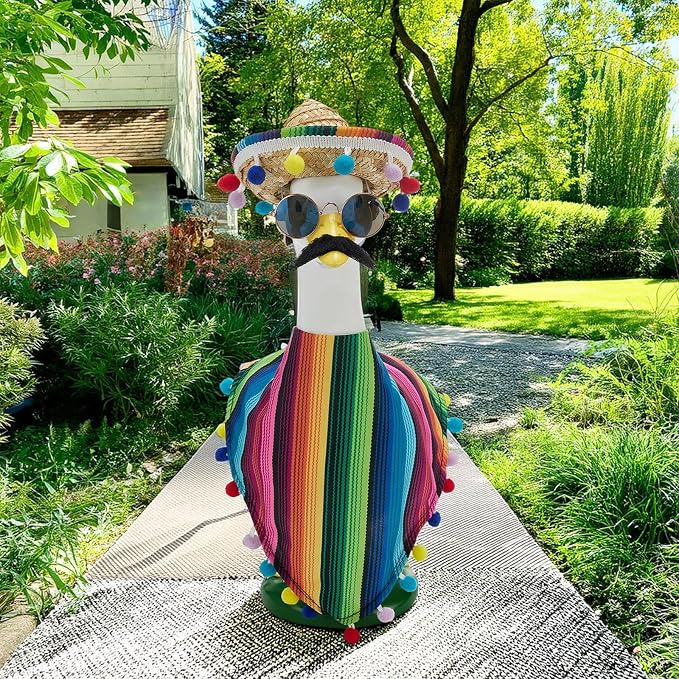 Old Lady Porch Goose Outfits Grandma Goose Clothes Glasses Curly Wig Floral Print Dress Cardign and Pearl Necklace,23'' Geese Statue Outdoor Patio Yard Lawn Decoration (Multicolor)