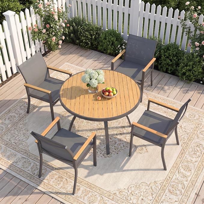 5-Pieces Aluminum Patio Table and Chairs for All-Weather, Patio Table Set with Heavy Duty HDPS Round Table, Outdoor Patio Dining Furniture Set with Breathable Quick-Drying Textilene Chairs