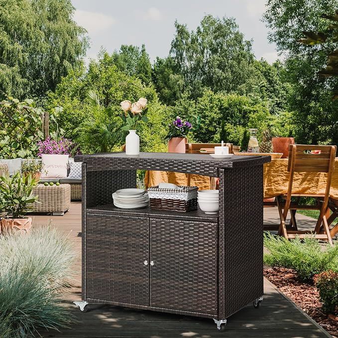 Outdoor Storage Cabinet,Outdoor Cabinet for Patio Bar Cart with Rolling Wheels Patio Bar Table with Storage Wicker Buffet Cabinets prep Table Kitchen Serving Cart with Door,Shelves,Handle Brown