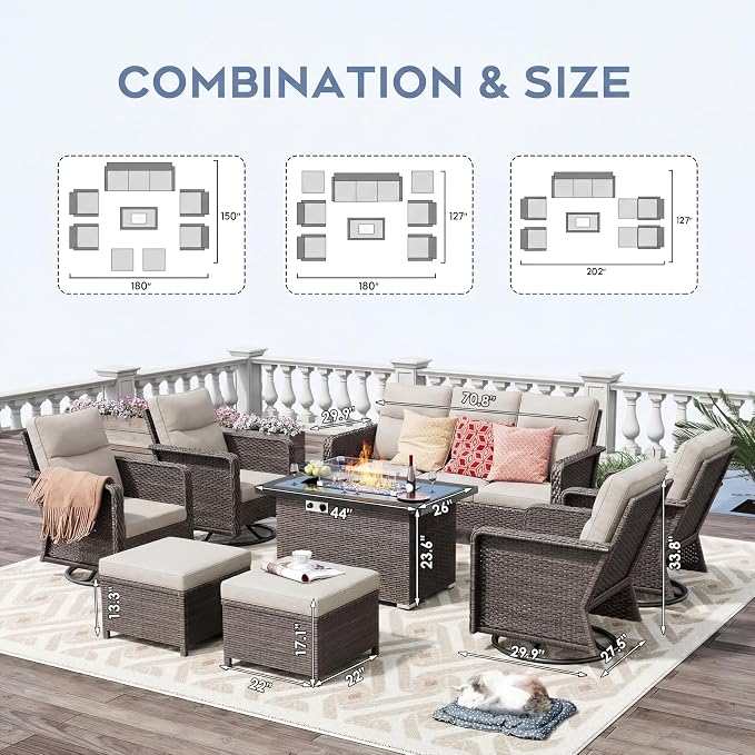 XIAO WEI 8-Piece Outdoor Furniture Set with Fire Pit Table, Wicker Patio Conversation Set with Cushions & Swivel Glide Chairs, All-Weather Patio Furniture Set for Backyard, Garden, Deck (Beige)