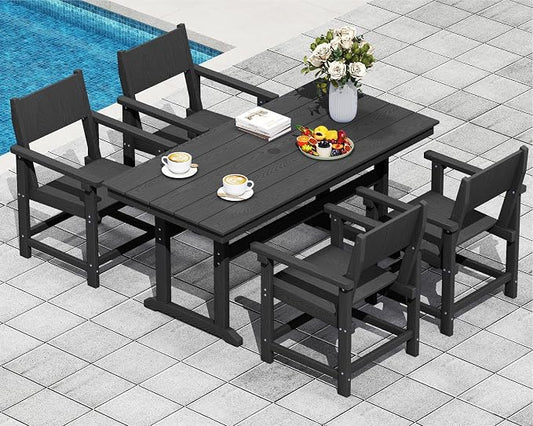 5-Piece HDPE Outdoor Patio Dining Set,Outdoor Table and Chairs,Modern Plastic Dining Sets with Umbrella Hole Cut-Out Table and 4 Chairs Black
