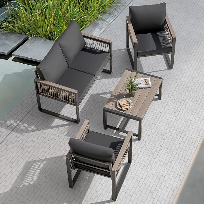 NUU GARDEN 4 Pieces Outdoor Patio Furniture Set, 4 Seats Sectional with Coffee Table, All Weather Wicker Patio Conversation Sets with Armrests and Cushions,Patio Set for Backyard, Garden and Poolside