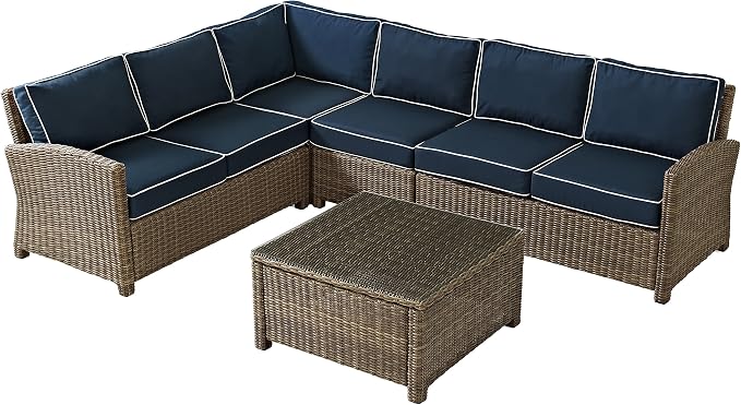 Crosley Furniture Bradenton 5-Piece Outdoor Sectional Sofa Wicker Conversation Patio Furniture Set for Deck, Brown with Navy Cushions