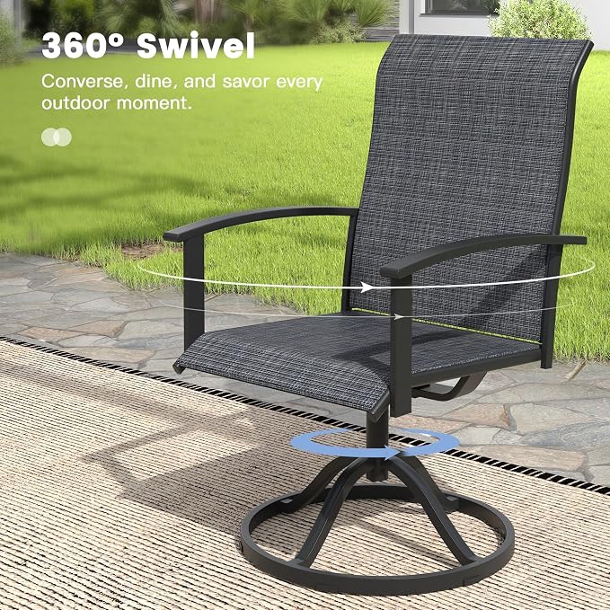 VICLLAX 9 Pieces Patio Outdoor Dining Set, 8 Swivel Textilene Chairs and 60" Round Metal Table with Umbrella Hole for Porch, Deck, Garden, Black