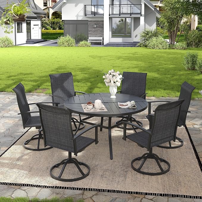 VICLLAX 7 Pieces Patio Outdoor Dining Set, 6 Swivel Textilene Chairs and 50" Round Metal Table with Umbrella Hole for Porch, Deck, Garden, Black