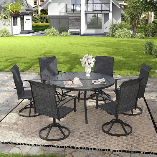 VICLLAX 7 Pieces Patio Outdoor Dining Set, 6 Swivel Textilene Chairs and 50" Round Metal Table with Umbrella Hole for Porch, Deck, Garden, Black