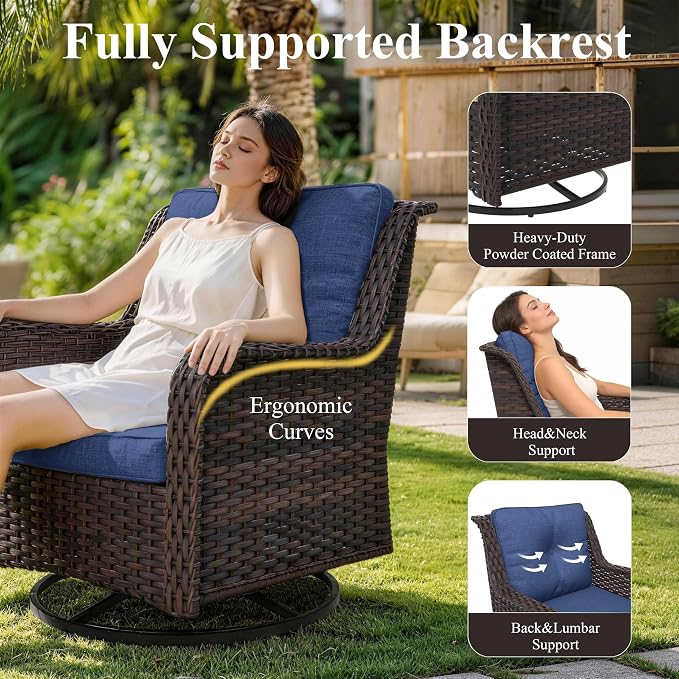 7-Piece Patio Furniture Set, Thick Wicker Outdoor Furniture Set with 2 Swivel Chairs, Outdoor Sectional Sofa with Fire Pit Table, Patio Conversation Set for Backyard, Porch, Deck, Dark Blue