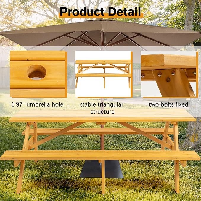 Hohuqeri Picnic Table Bench Set for 8 Persons, 6FT Large Camping Table, Wood Outdoor Dining Beer Table Set with 2” Umbrella Hole for Patio Lawn Garden (Yellow)